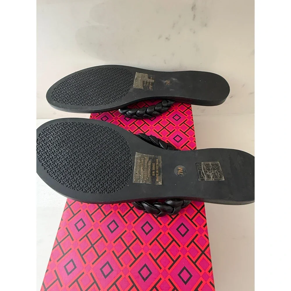 Tory Burch Braided Benton Thong Sandals Black Leather Logo Flip Flops  Size 7